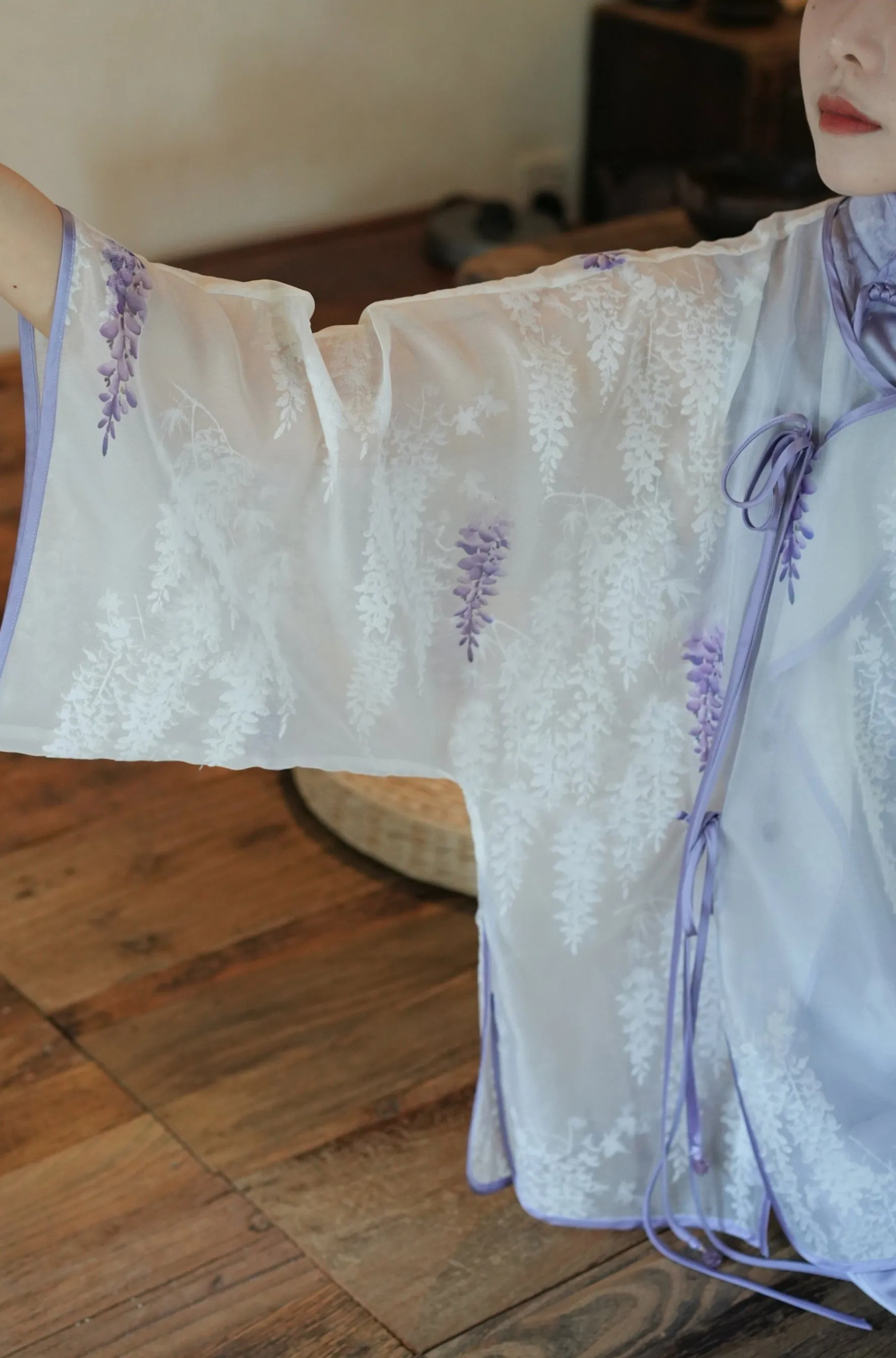 Wu Teng 雾藤 Misty Vine Modernized Handpainted Wisteria Bottleneck Qipao & Cardigan