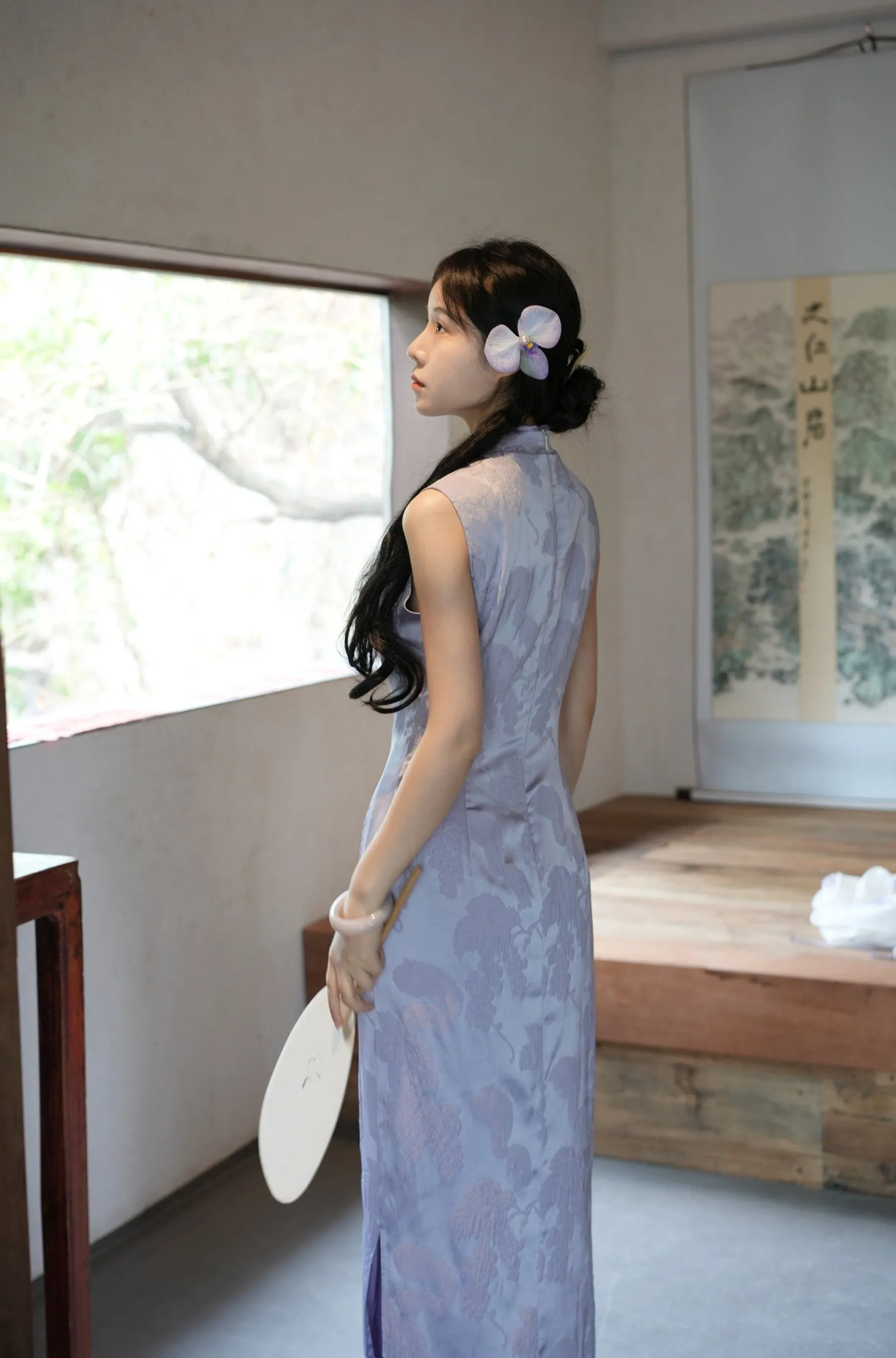 Wu Teng 雾藤 Misty Vine Modernized Handpainted Wisteria Bottleneck Qipao & Cardigan