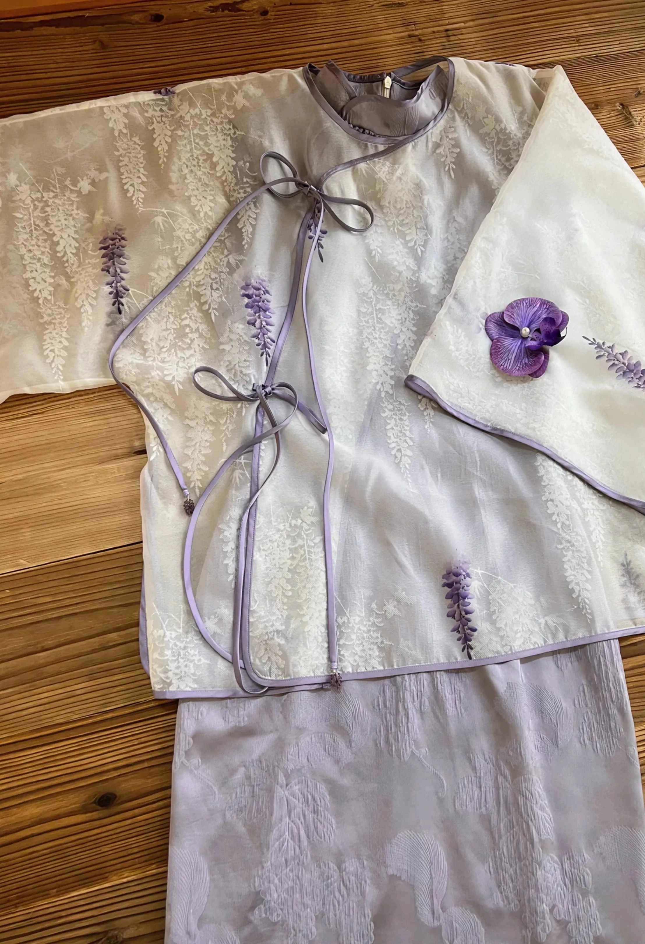 Wu Teng 雾藤 Misty Vine Modernized Handpainted Wisteria Bottleneck Qipao & Cardigan