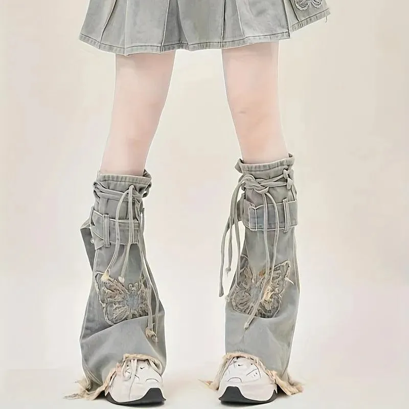 Y2K Style Butterfly Washed Denim Leg Warmers | Y2K Outfits