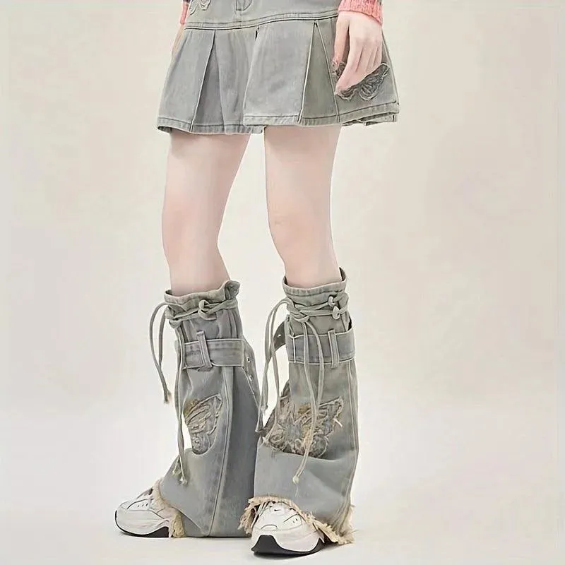 Y2K Style Butterfly Washed Denim Leg Warmers | Y2K Outfits