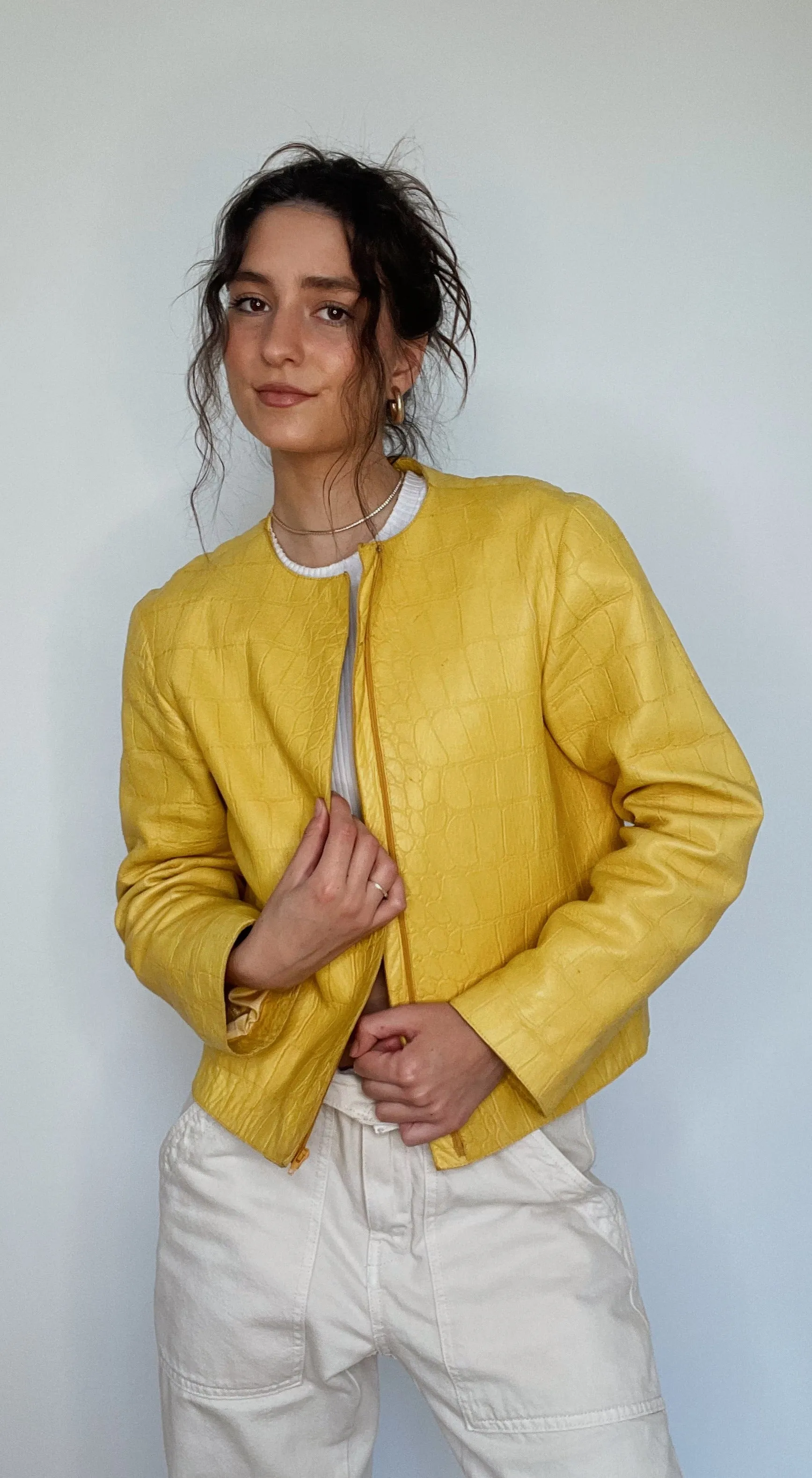 Yellow Embossed Leather Jacket - M